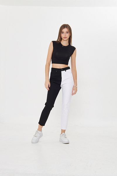 Kutaf Black and White Two-Color High Waist Mom Jeans