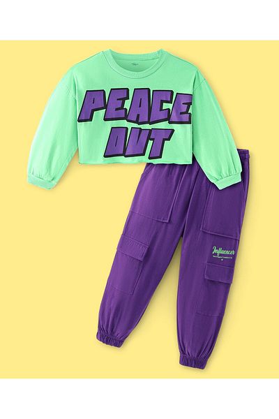 Ollington St. Ollington St. - 100% Cotton Full Sleeves Text Printed Top & Cargo Joggers Set - Green & Lavender