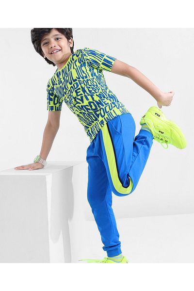 Ollington St. Ollington St. 100% Cotton Half Sleeves T-Shirt With Knit Joggers All Over Text Print - Lime & Blue