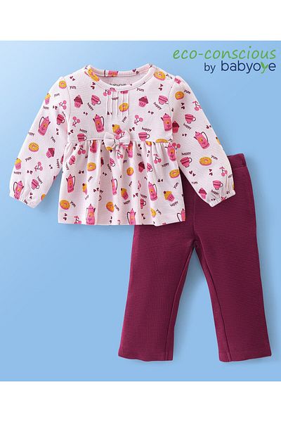 Babyoye Babyoye Eco Conscious 100% Cotton Full Sleeves Top & Legging Set With Cupcake Print - White & Purple