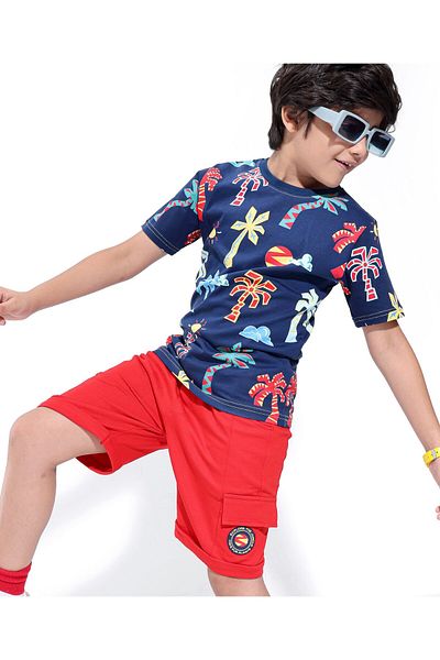 Ollington St. Ollington St. 100% Cotton Knit Half Sleeves T-Shirt & Shorts Set Tropical Theme ??Navy Blue & Red