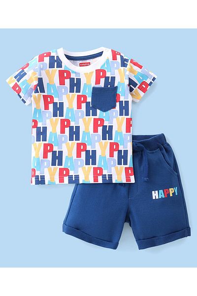 Babyhug Babyhug 100% Cotton Knit Half Sleeves Happy Printed T-Shirt & Shorts Set - Blue