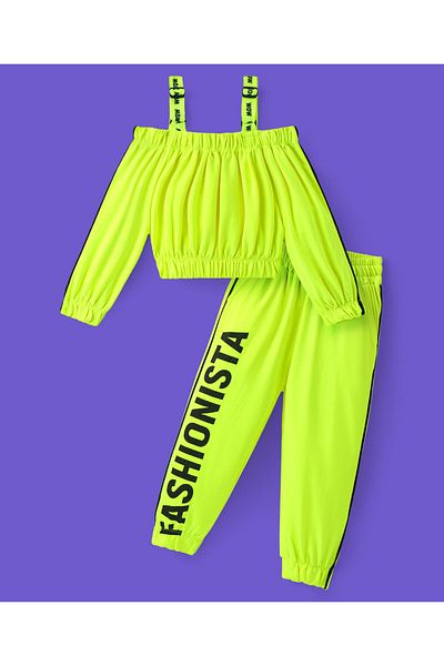 Ollington St. Ollington St. 100% Cotton Knit Off Shoulder Full Sleeve Top & Joggers Set With Text Print-Neon Green