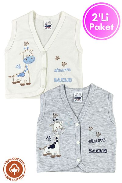 Miniel Baby Boy Giraffe Embroidered Organic Cotton 3-6-9 Months 2-Piece Combed Baby Vest - Gray