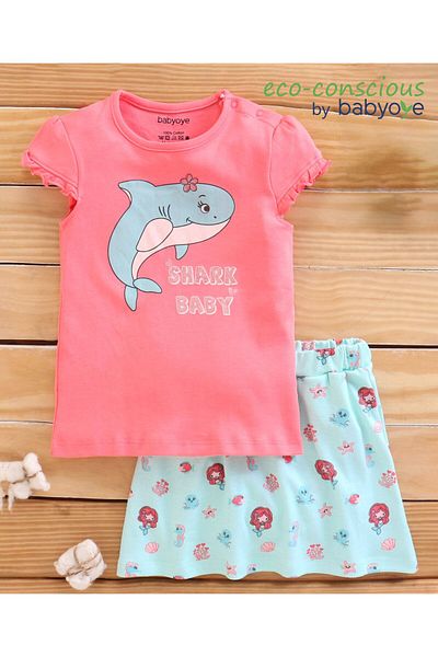 Babyoye Cap Sleeves Top & Skirt Set Sea Creatures Print - Pink Blue