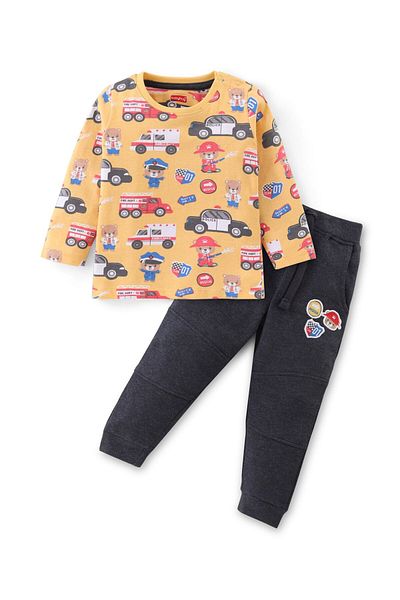 Babyhug Babyhug 100% Cotton Knit to Knit Full Sleeves Bear Printed T-shirt and Joggers Pant-Yellow & Blue
