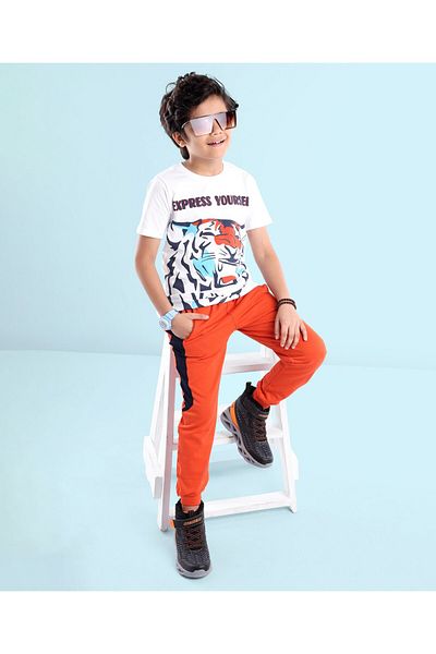 Ollington St. Ollington St. 100% Cotton Half Sleeves T-Shirt With Knit Joggers Tiger Printed - White & Orange