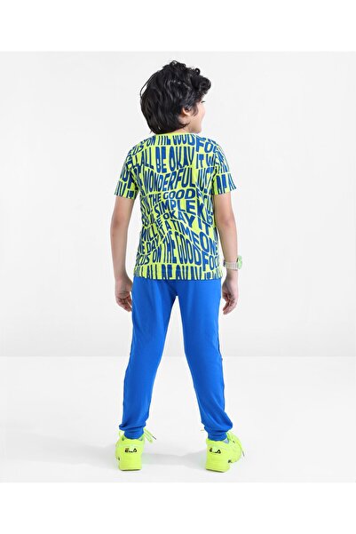 Ollington St. Ollington St. 100% Cotton Half Sleeves T-Shirt With Knit Joggers All Over Text Print - Lime & Blue