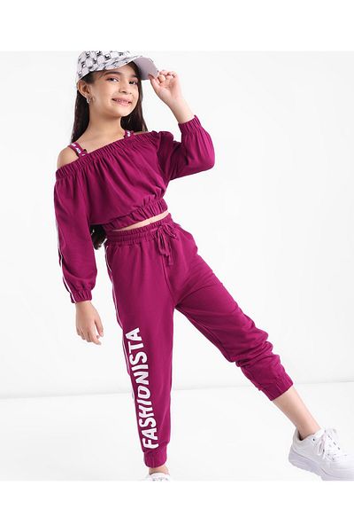 Ollington St. Ollington St. 100% Cotton Knit Off-Shoulder Full Sleeve Top,Leopard Printed Culottes Pant Set-Maroon