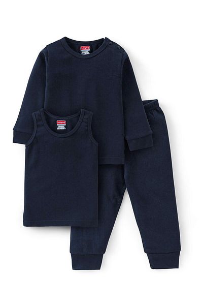 Babyhug Full Sleeves Solid Thermal Vest  with Sando & Pajama - Dark Navy Blue