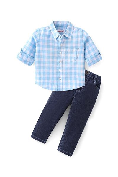 Babyhug Cotton Woven Full Sleeves Checkered Shirt & Denim Pants Set - Blue