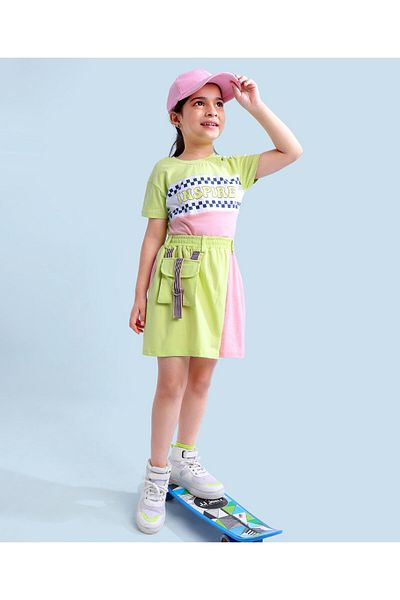 Ollington St. Ollington St. 100% Cotton Sinker Knit Short Sleeve Color Blocked Top & Skirt Set -Green & Pink