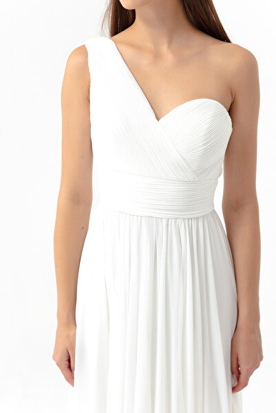 Lafaba Γυναικείο άσπρο βραδινό φόρεμα με έναν ώμο με σκίσιμο