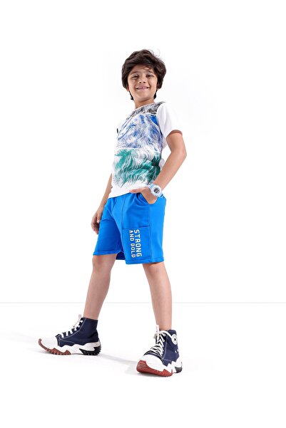 Ollington St. Ollington St. 100% Cotton Knit Half Sleeves T-Shirt & Shorts Set Lion Printed - White & Blue