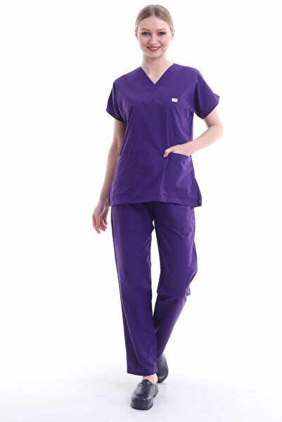 Esen Forma Kadın Doktor ve Hemşire Forması - V Yaka, Mor, Terikoton Kumaş