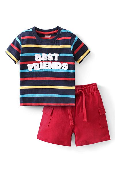 Babyhug Babyhug 100% Cotton Knit Half Sleeves T-Shirt & Shorts With Text Embroidery - Red & Navy Blue