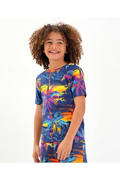 Ollington St. Ollington St. 100% Cotton Knit Half Sleeve T-Shirt & ShortsCo-ord Set All Over Tropical 鈥?Navy Blue