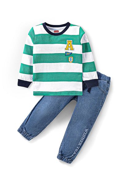 Babyhug Babyhug Single Jersey Knit Full Sleeve Striped T-Shirt and Denim Full Length Jeans -Green & Blue