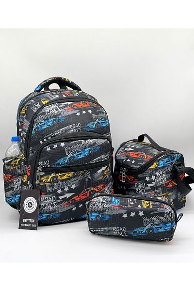 Bevitton Black Primary School Bag for Boy - Set of 3 Car Pattern