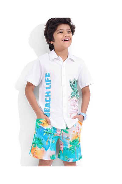Ollington St. Ollington St. 100% Cotton Knit Half Sleeves Shirt & Shorts Set Tropical Theme ??Multi Color