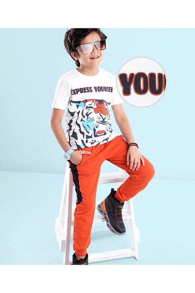 Ollington St. Ollington St. 100% Cotton Half Sleeves T-Shirt With Knit Joggers Tiger Printed - White & Orange