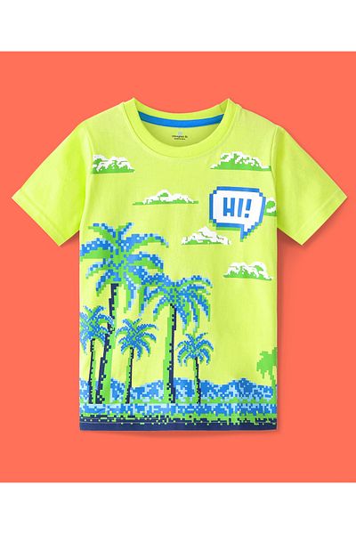Ollington St. Ollington St. 100% Cotton Knit Half Sleeves T-Shirt & Shorts Set With Beach Theme Print -Lime & Blue