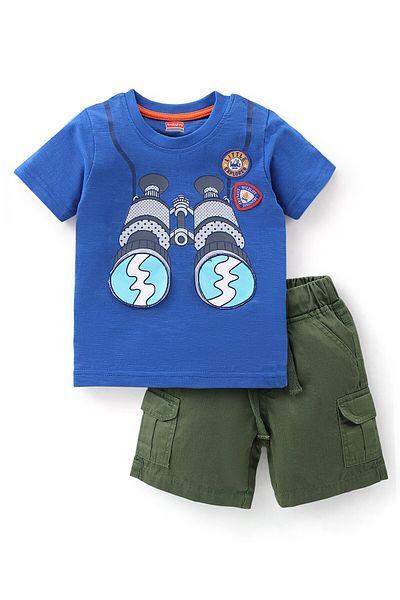 Babyhug Babyhug Single Jersey 100% Cotton Woven Half Sleeve Telescope ed T-Shirt & Shorts Set-Blue & Green