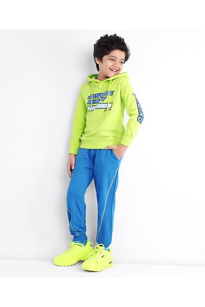 Ollington St. Ollington St. 100% Cotton Full Sleeve Hooded Sweatshirt & Joggers Set Placement -Lime Green & Blue