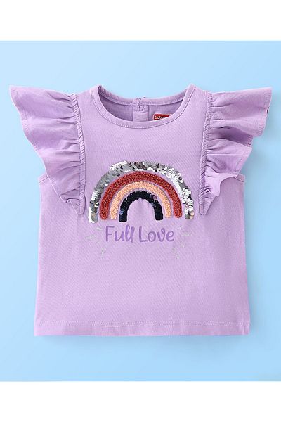 Babyhug Babyhug 100% Cotton Knit Frill Sleeves Top & Skirt Set Rainbow Sequins - Lilac
