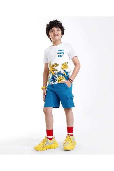 Ollington St. Ollington St. 100% Cotton Half Sleeves T-Shirt & Shorts With Text & Tropical Print - White & Blue
