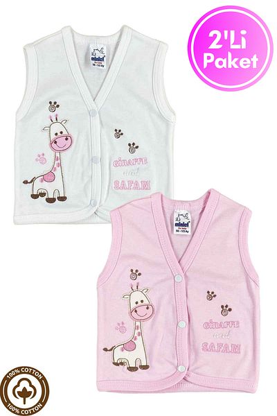 Miniel Baby Girl Giraffe Embroidered Organic Cotton 3-6-9 Months 2-Piece Combed Cotton Baby Vest - Pink