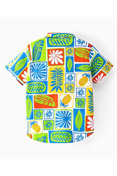 Ollington St. Ollington St. 100% Cotton Half Sleeves Shirt & Shorts Set With Tropical Print - Green & Blue