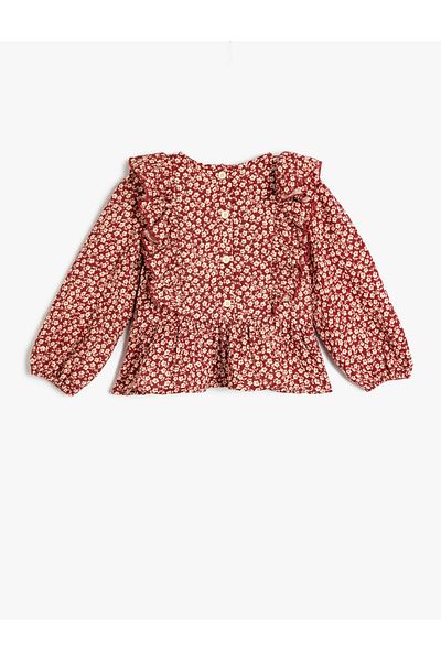 Koton Baumwollbluse mit langen Ärmeln und Blumenmuster – Rundhalsausschnitt und Rüschen