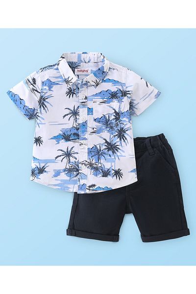 Babyhug Babyhug 100% Cotton Woven Half Sleeves Shirt & Shorts With Tropical Print - White & Blue