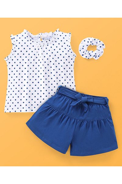 Ollington St. Ollington St. Cotton Knit Sleeveless Top & Shorts Polka Dot Print - White & Blue