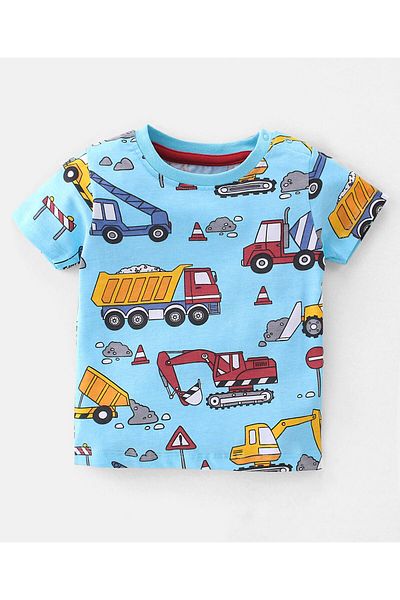 Babyhug Babyhug 100% Cotton Knit Half Sleeves T-Shirt & Shorts With Construction Vehicle Print - Blue & Red