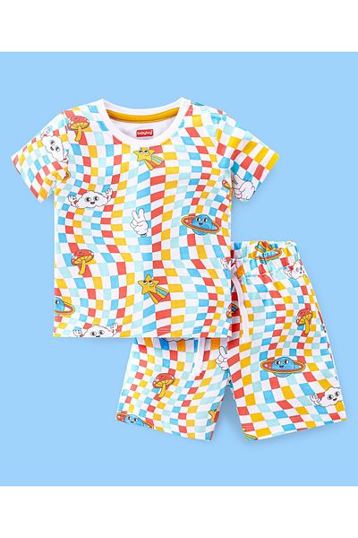 Babyhug Babyhug 100% Cotton Knit Single Jersey Half Sleeve T-Shirt & Shorts/Co/ord Set Checkered-Multicolour