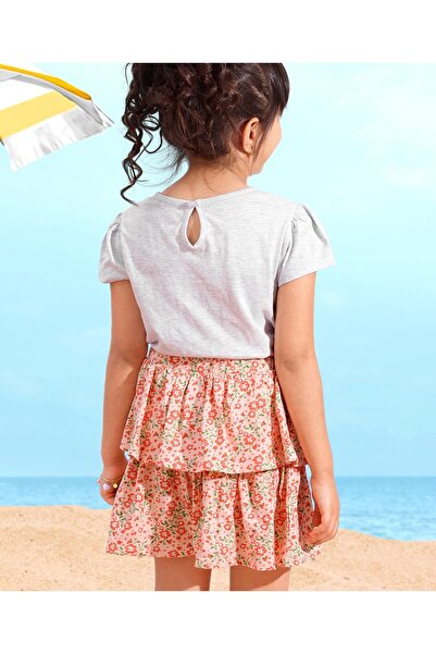 Babyhug Babyhug Cotton Knit Half Sleeves Top and Skirt Set Dear & Floral Print - Ecru Melange & Peach
