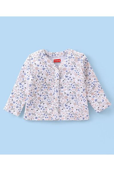 Babyhug Babyhug 100% Cotton Knit Full Sleeves Top & Pants With Floral Print - Blue & Peach