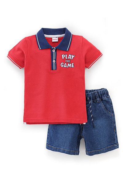 Babyhug Babyhug Cotton Half Sleeves T-Shirt & Denim Shorts Set Text Print- Red & Blue