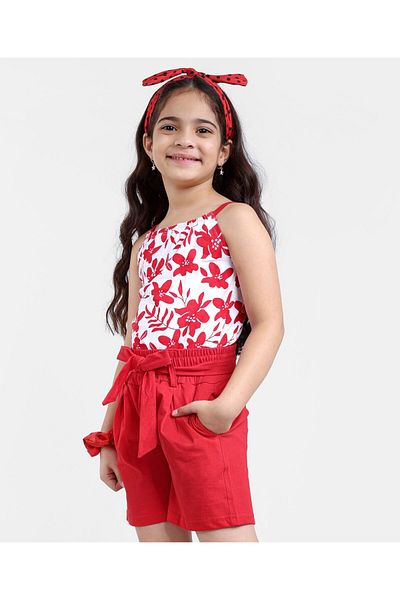 Ollington St. Ollington St. 100% Cotton Sleeveless Top & Shorts With Floral Print - White & Red