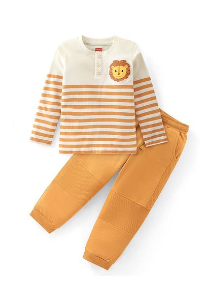 Babyhug Babyhug Single Jersey Knit Full Sleeve Striped Henley T-Shirt & Lounge Pants Set Lion Patch-Orange