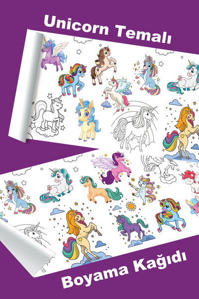 metafortoys Unicorn Temalı Dev Boyama Kağıdı 2.5 Metre Kağıt Aktivite Rulosu
