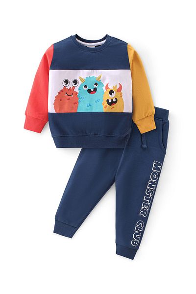 Babyhug Babyhug 100% Cotton Knit Full Sleeves T-Shirt & Lounge Pant With Monster Print - Blue Red & Yellow