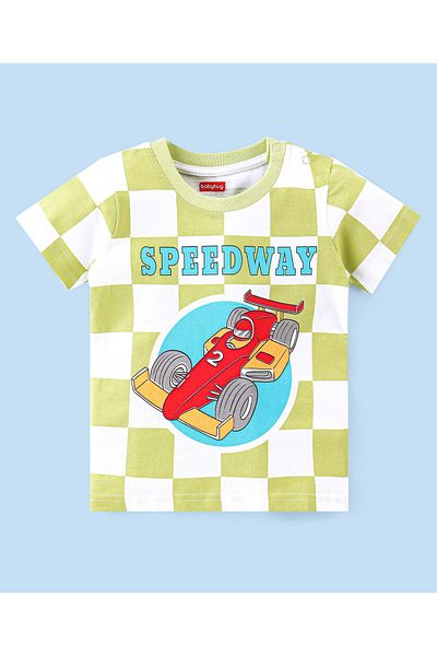 Babyhug Babyhug Single Jersey Knit Half Sleeves T-Shirt & Shorts With Cars & Checks Print - White & Green