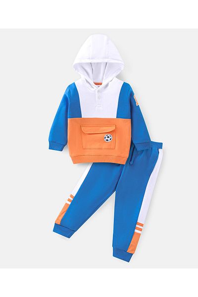 Babyhug Babyhug Cotton Knit Full Sleeves Cut & Sew Design Hoodie & Lounge Pants Set - Multicolor