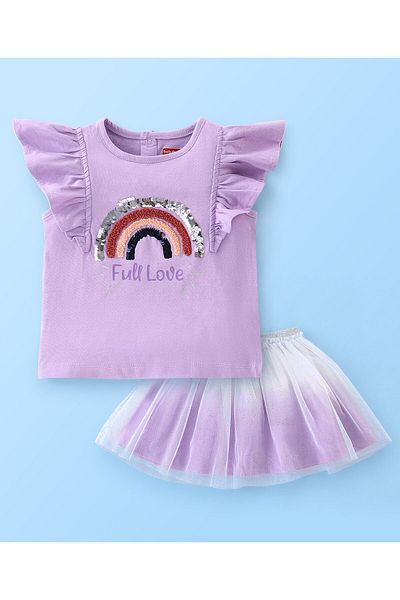 Babyhug Babyhug 100% Cotton Knit Frill Sleeves Top & Skirt Set Rainbow Sequins - Lilac