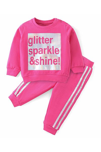 Babyhug Babyhug Cotton Knit Full Sleeves T-Shirt & Lounge Pant Set Text Printed - Pink