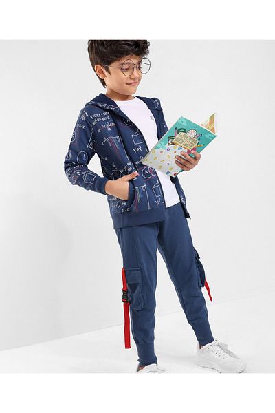 Ollington St. Ollington St. 100% Cotton Full Sleeve Front Zipper Sweatshirt T-shirt & Joggers Set -Navy & White