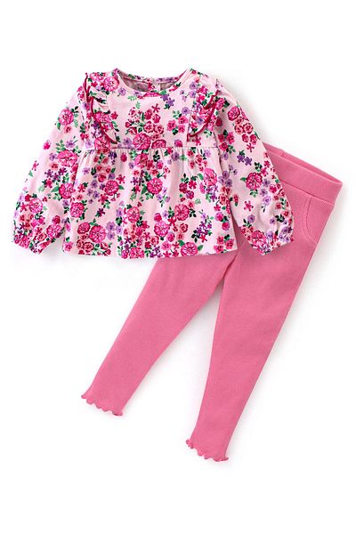 Babyhug Babyhug 100% Cotton Knit Full Sleeves Top & Legging Set Floral Print - Pink